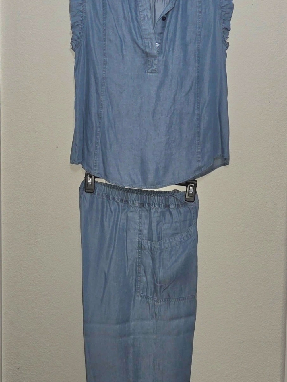 Light Blue Chambray Two-Piece Pantsuit with Elastic Waist